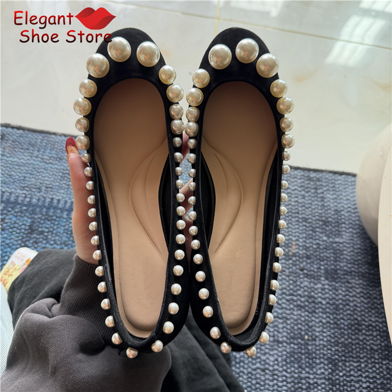 Women Shoes Black - Retro Pearl Shallow Flat Shoes Red