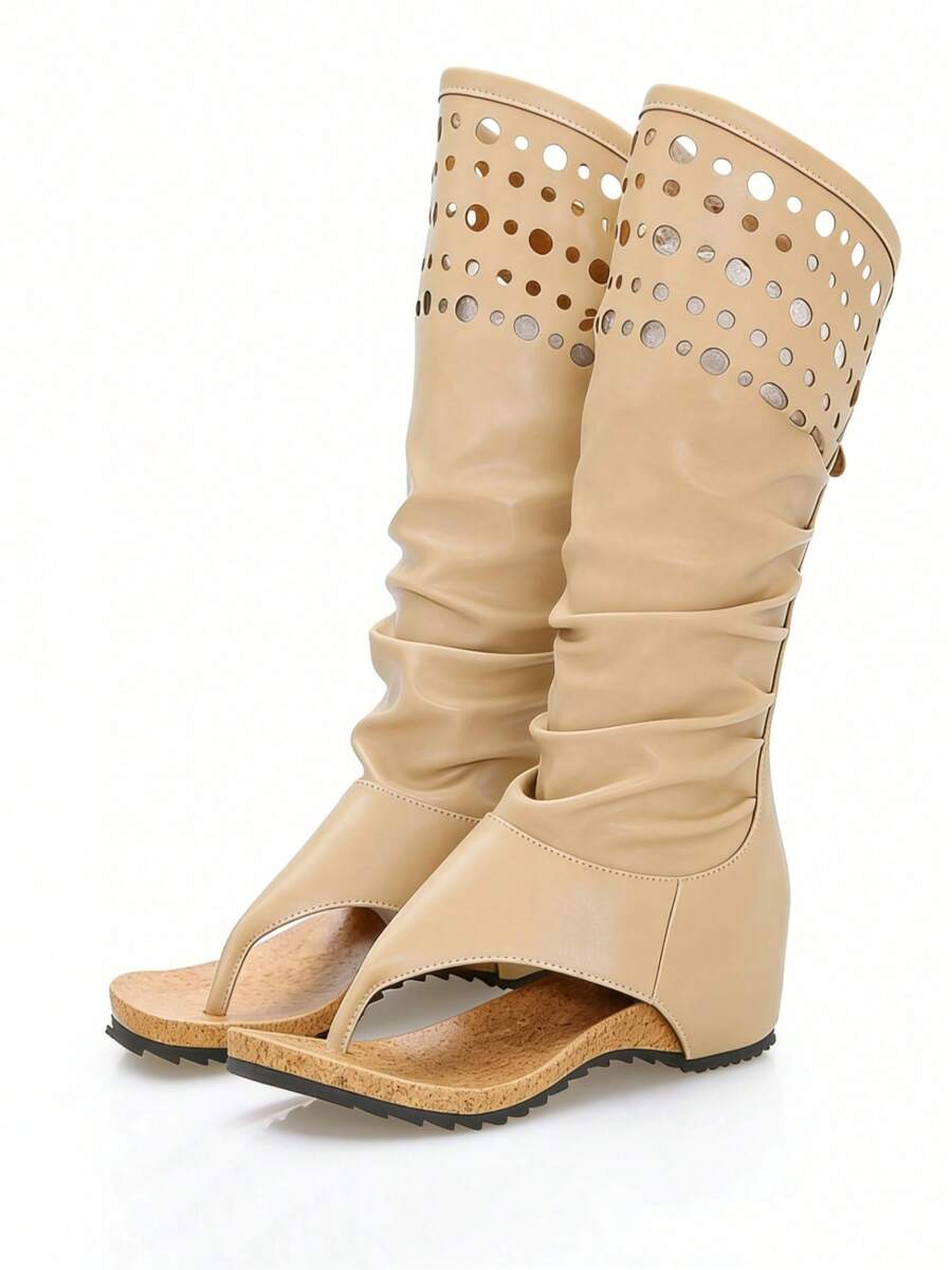 Cork Wedge Sandal - Womens Beige Knee High Open Toe