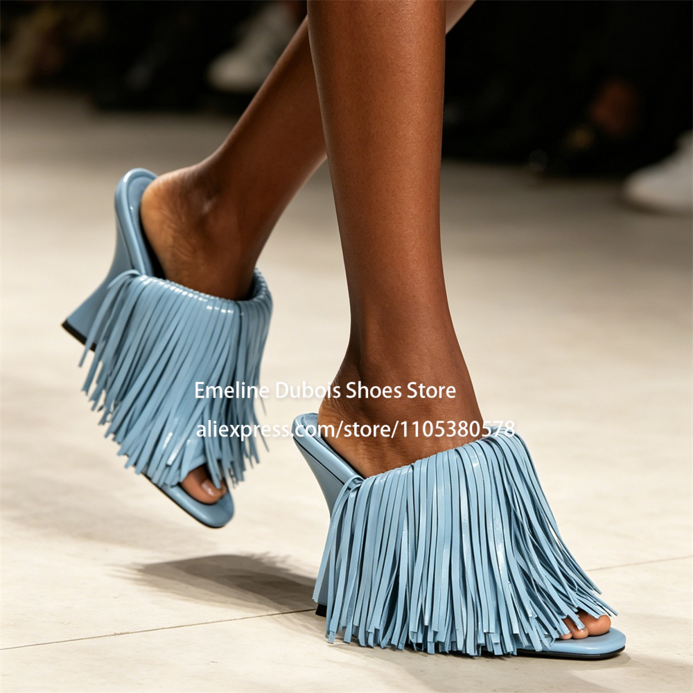 Blue Patent Leather Fringe Wed – обзор и цена Women Shoes Mules